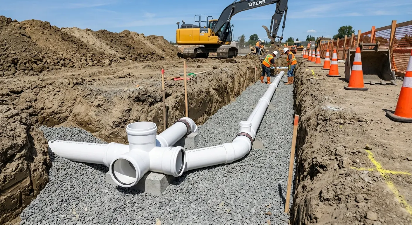 New PVC sewer pipe installation in open trench for Commercial Drain Cleaning in Centralia