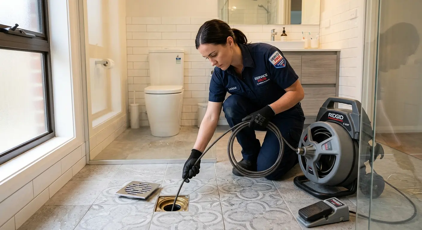 Technician clearing a bathroom floor drain for Clogged Drain Repair in Centralia